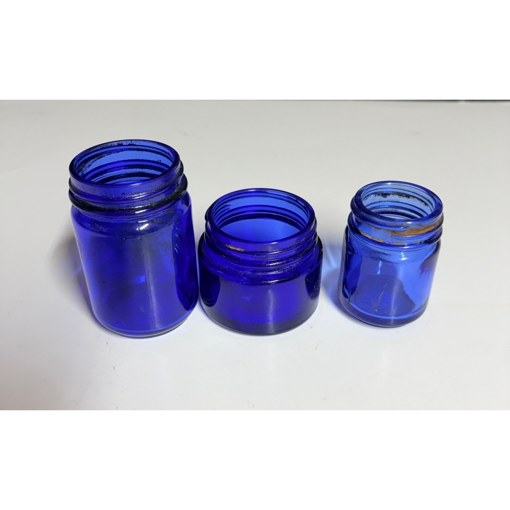 Vintage Cobalt Blue Glass Jars Vicks VapoRub Noxzema Apothecary Set of‎ 3